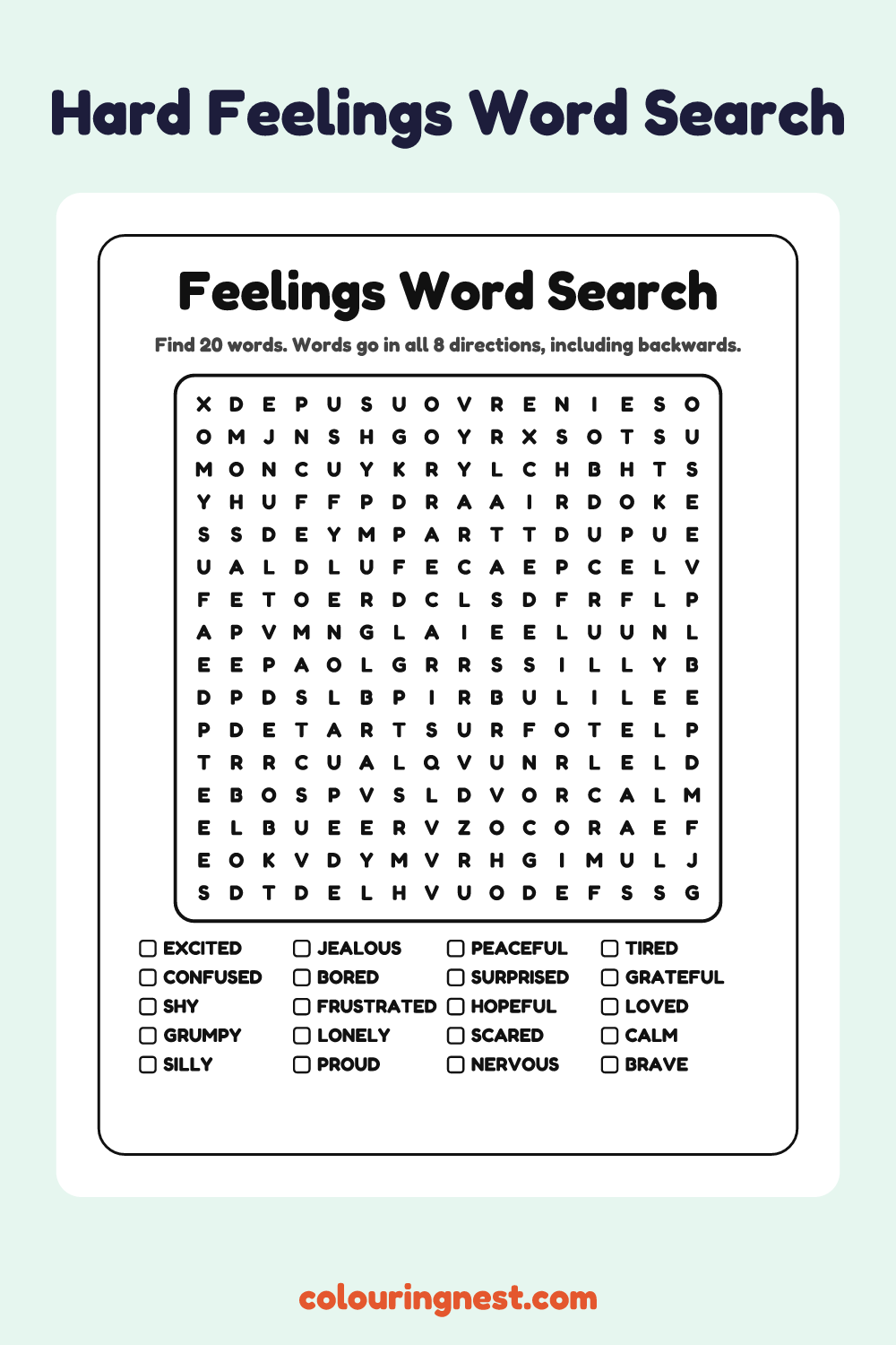 Feelings Word Search (Hard): free printable black-and-white line art
