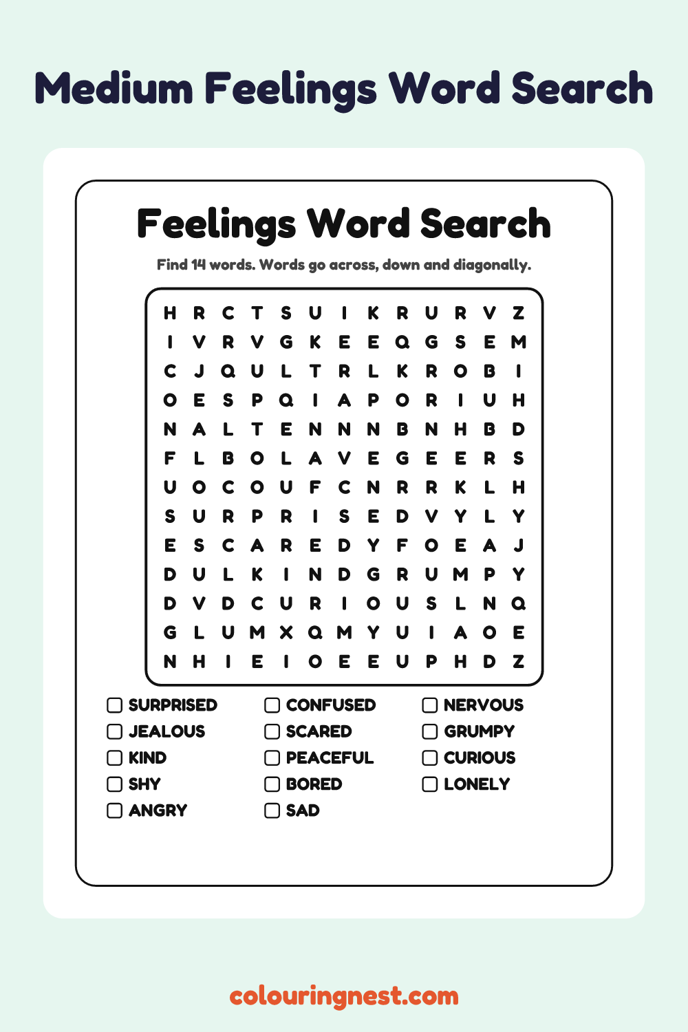 Feelings Word Search (Medium): free printable black-and-white line art