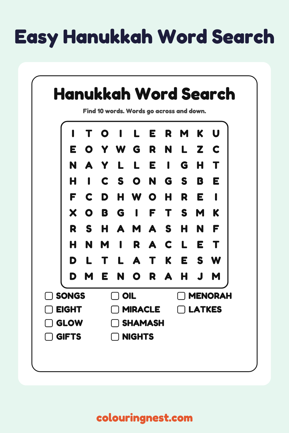 Hanukkah Word Search (Easy): free printable black-and-white line art
