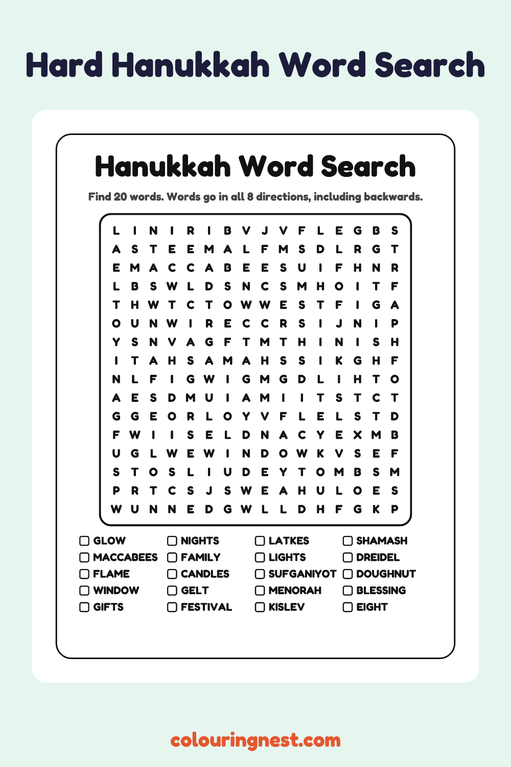 Hanukkah Word Search (Hard): free printable black-and-white line art
