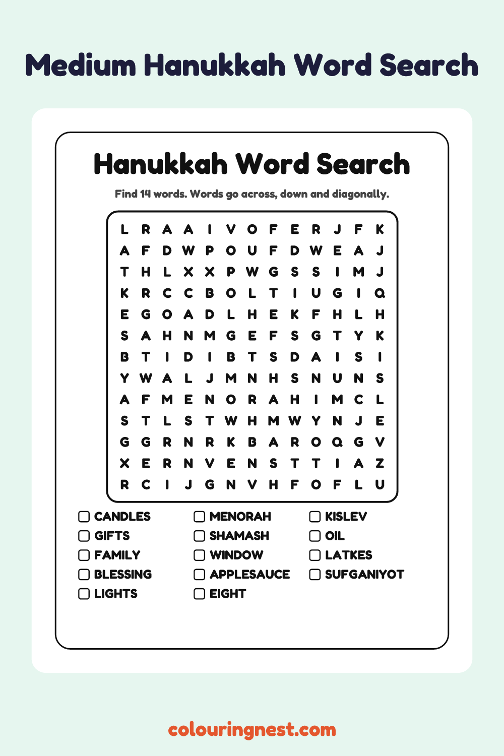 Hanukkah Word Search (Medium): free printable black-and-white line art