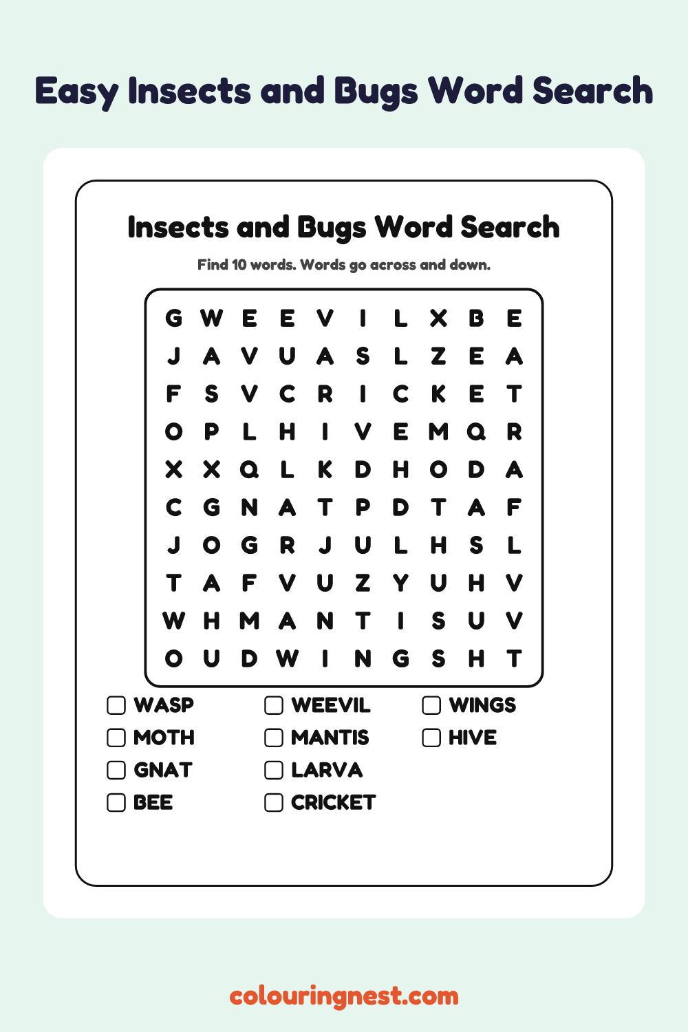 Insects and Bugs Word Search (Easy): free printable black-and-white line art