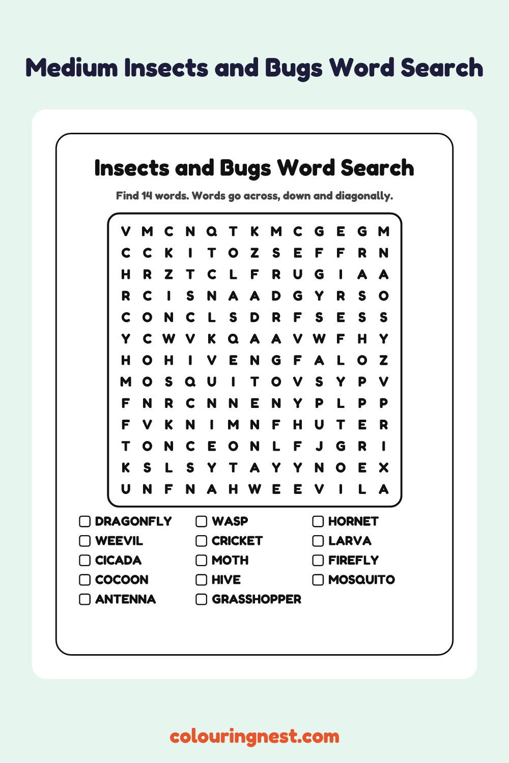 Insects and Bugs Word Search (Medium): free printable black-and-white line art