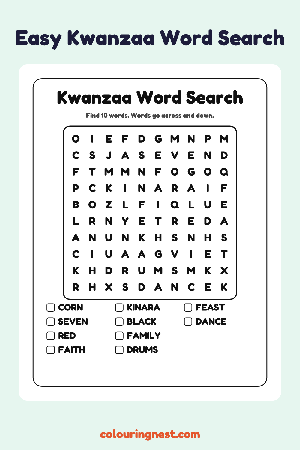 Kwanzaa Word Search (Easy): free printable black-and-white line art