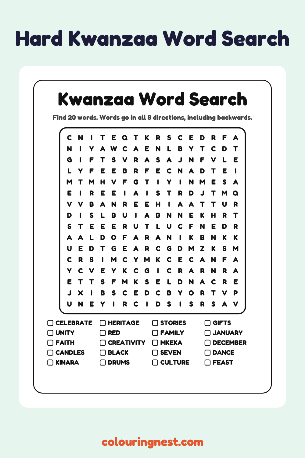 Kwanzaa Word Search (Hard): free printable black-and-white line art