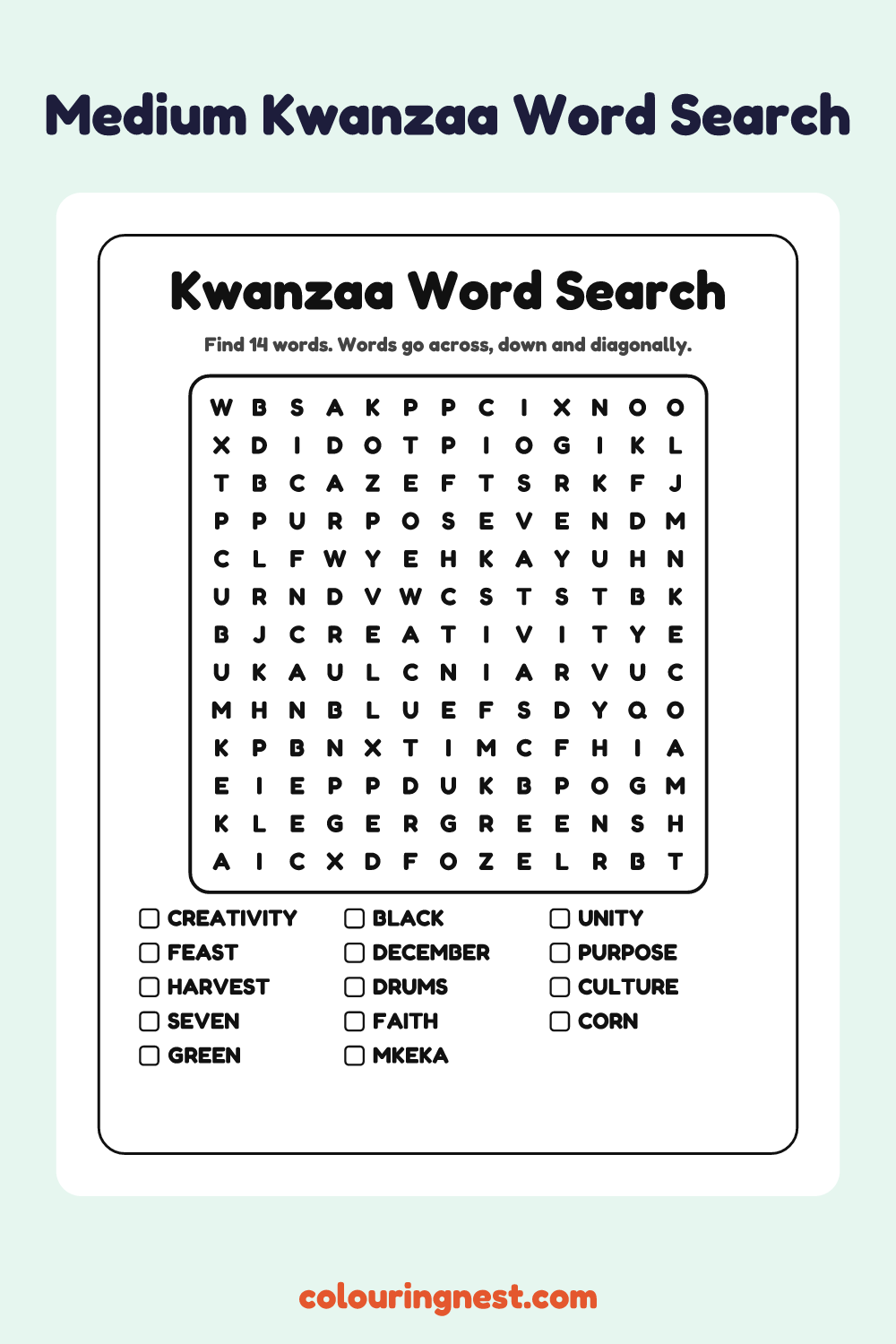 Kwanzaa Word Search (Medium): free printable black-and-white line art
