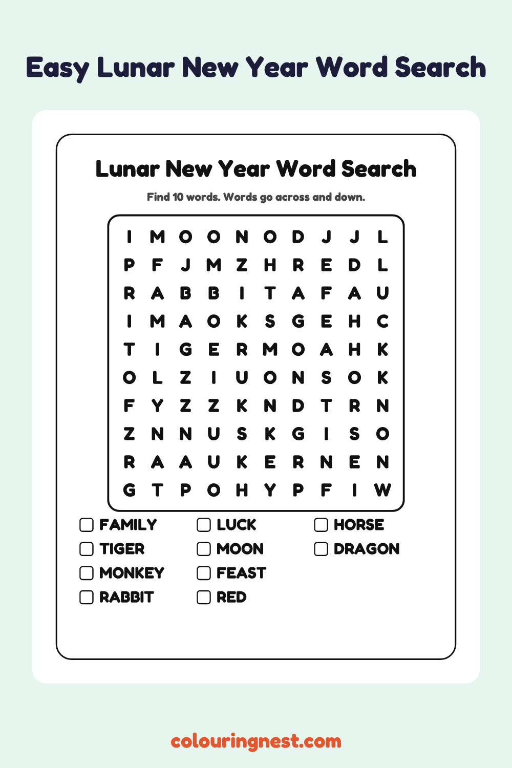 Lunar New Year Word Search (Easy): free printable black-and-white line art