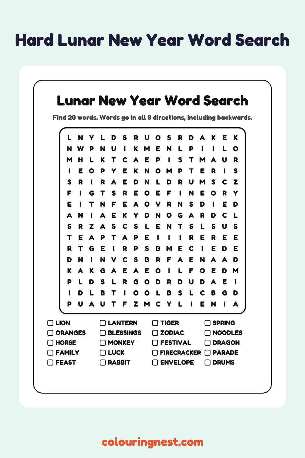 Lunar New Year Word Search (Hard): free printable black-and-white line art