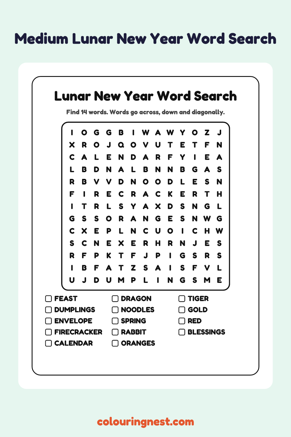 Lunar New Year Word Search (Medium): free printable black-and-white line art