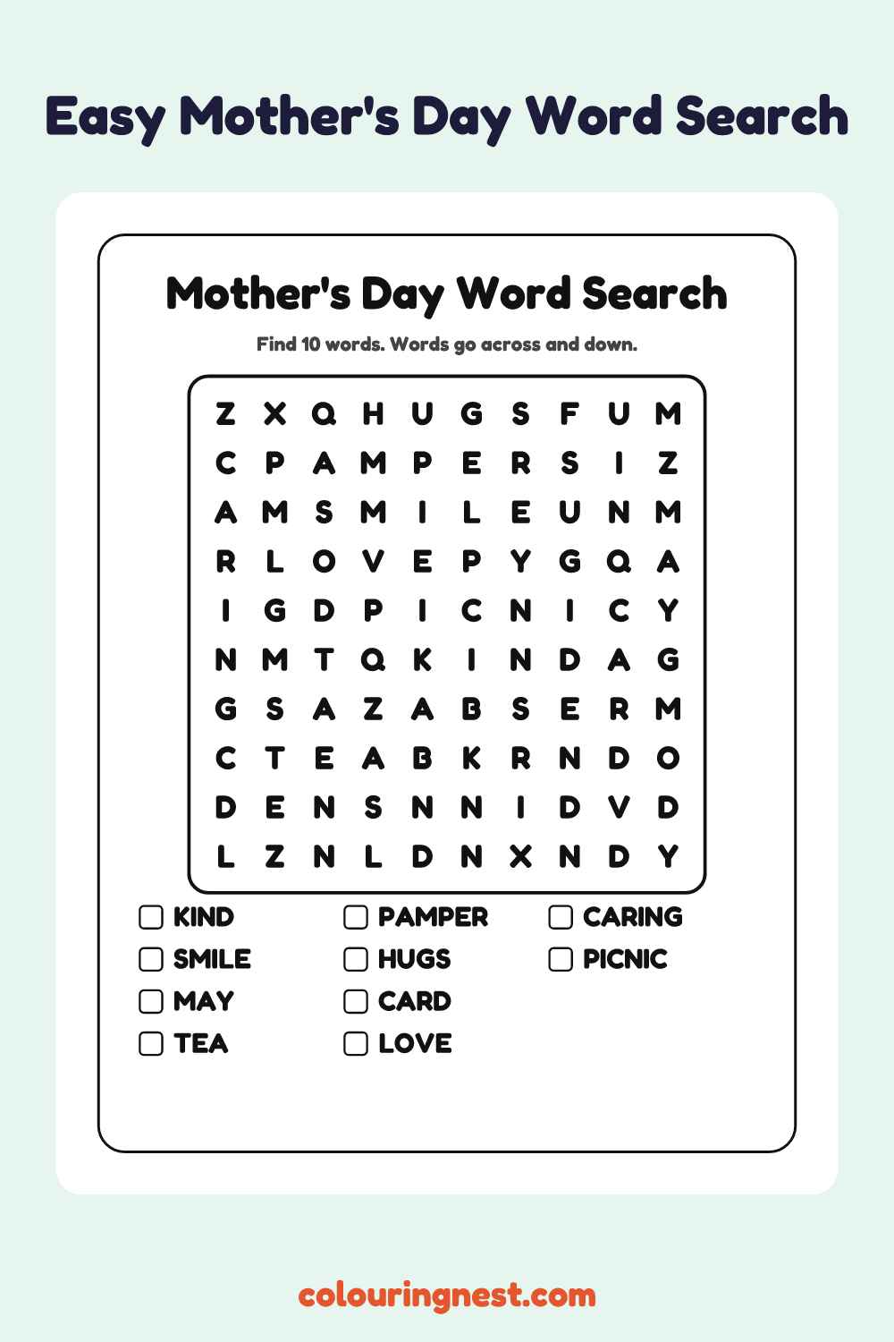 Mother's Day Word Search (Easy): free printable black-and-white line art