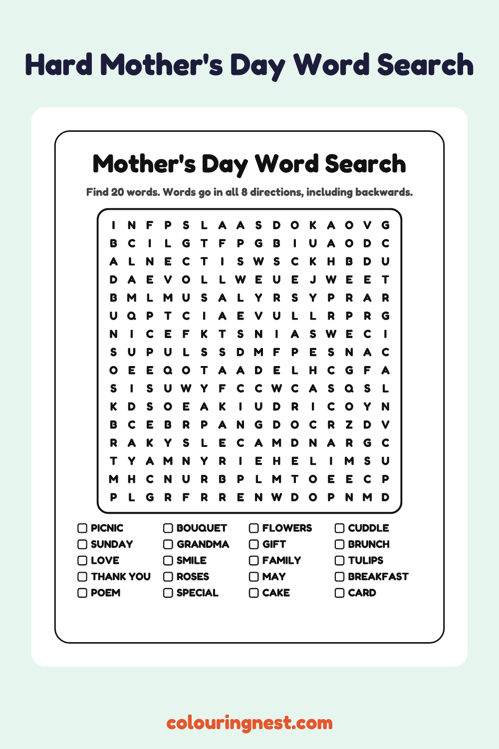 Mother's Day Word Search (Hard): free printable black-and-white line art