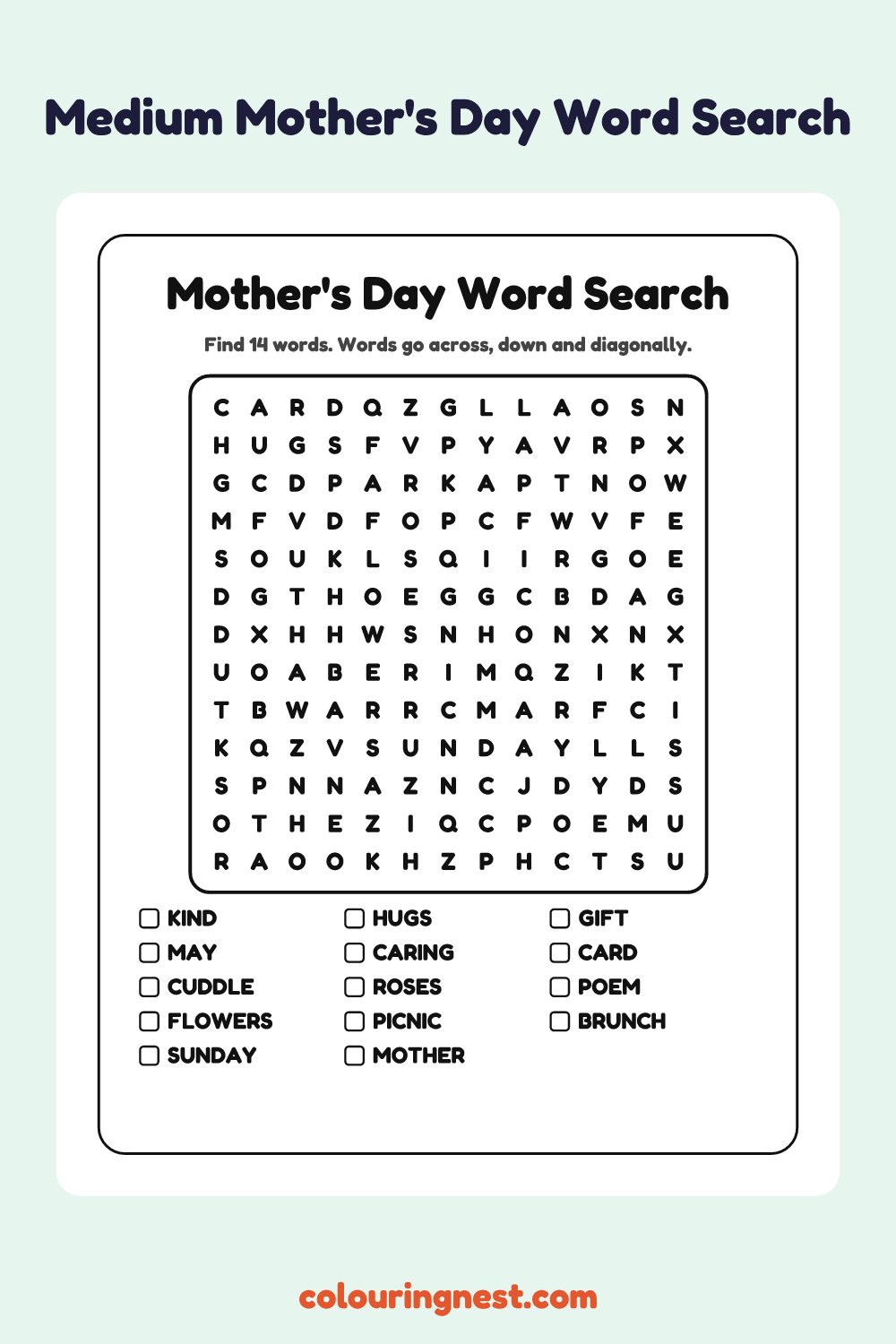 Mother's Day Word Search (Medium): free printable black-and-white line art