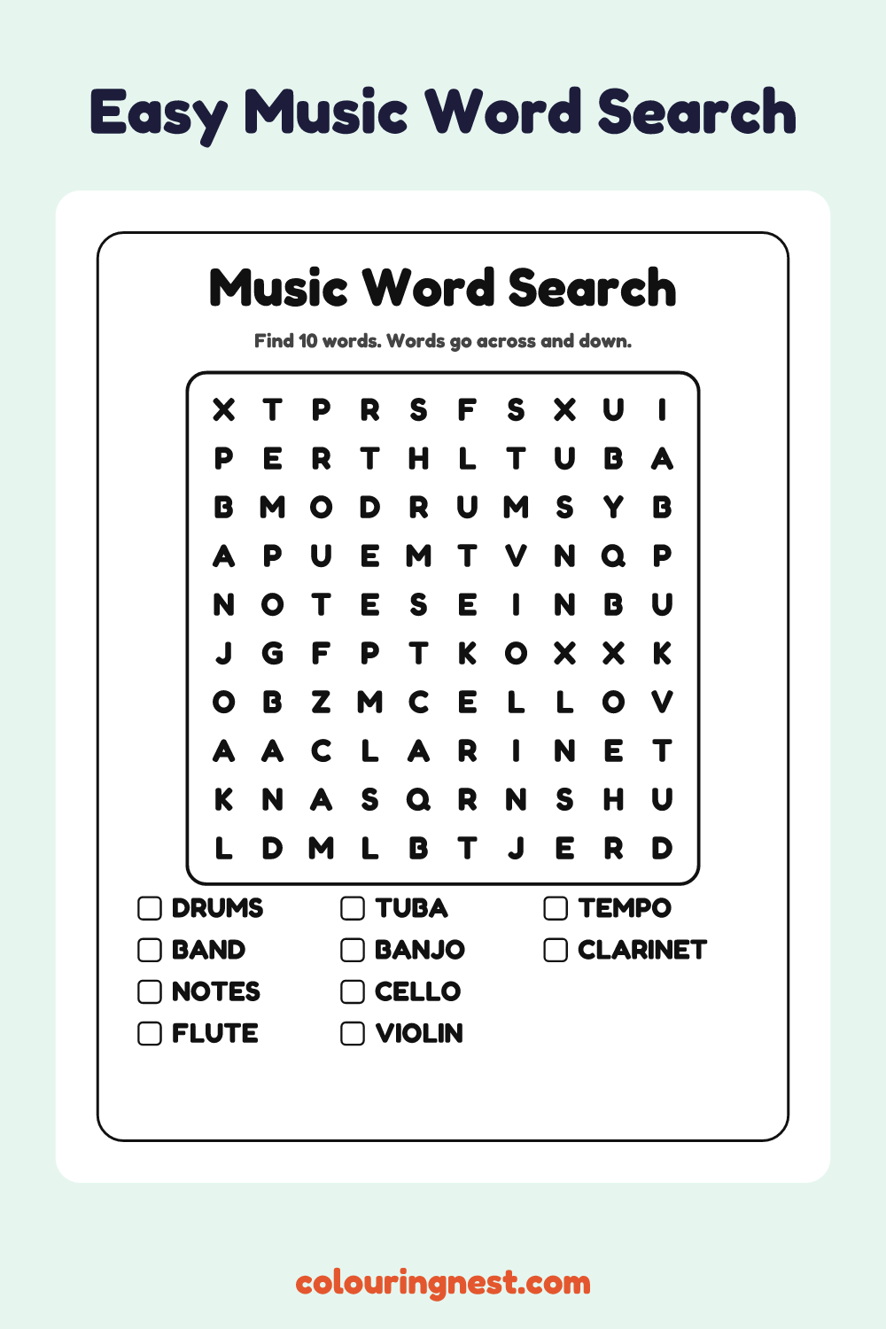 Music Word Search (Easy): free printable black-and-white line art
