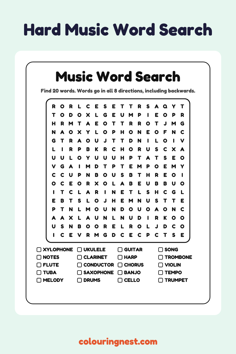 Music Word Search (Hard): free printable black-and-white line art