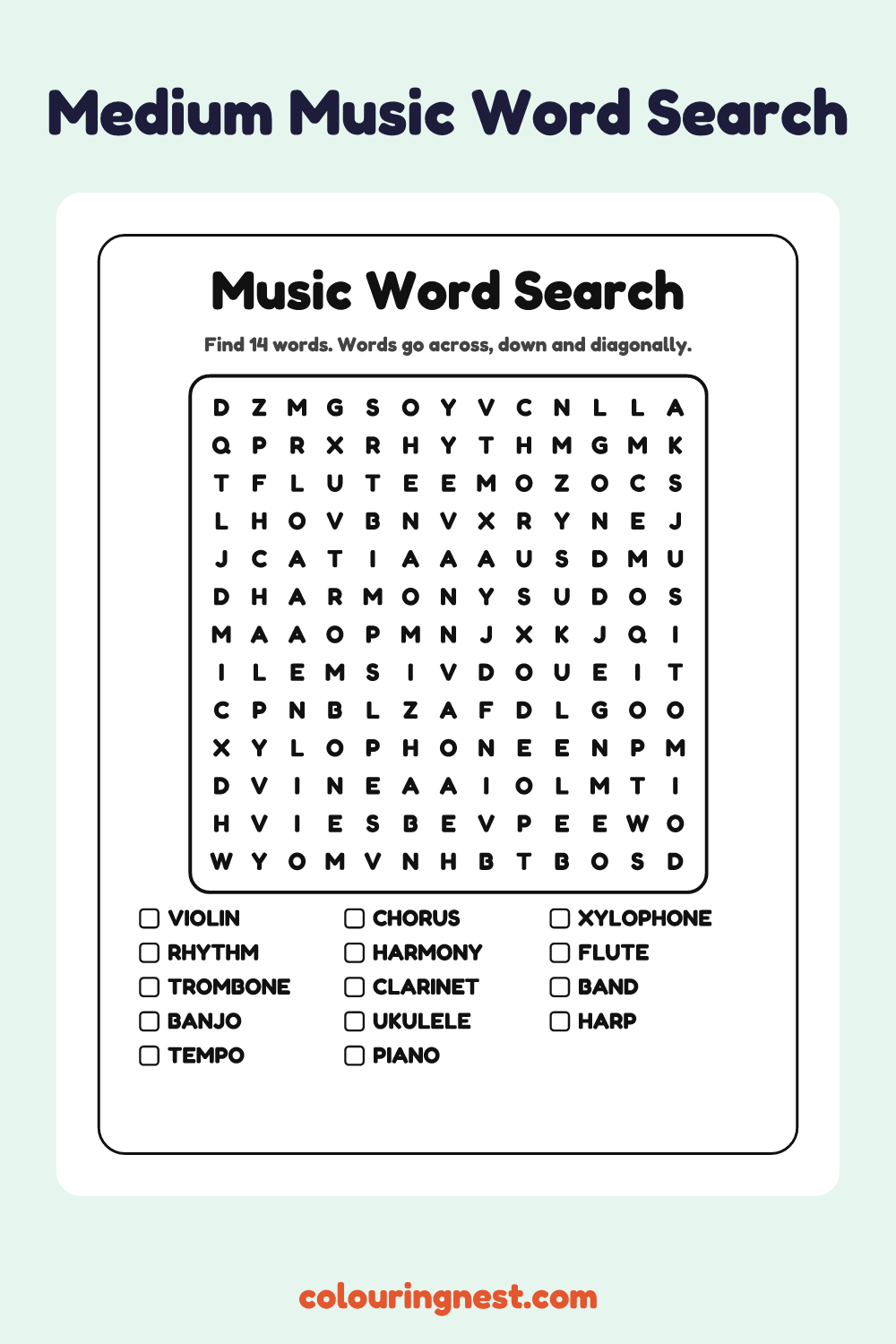 Music Word Search (Medium): free printable black-and-white line art