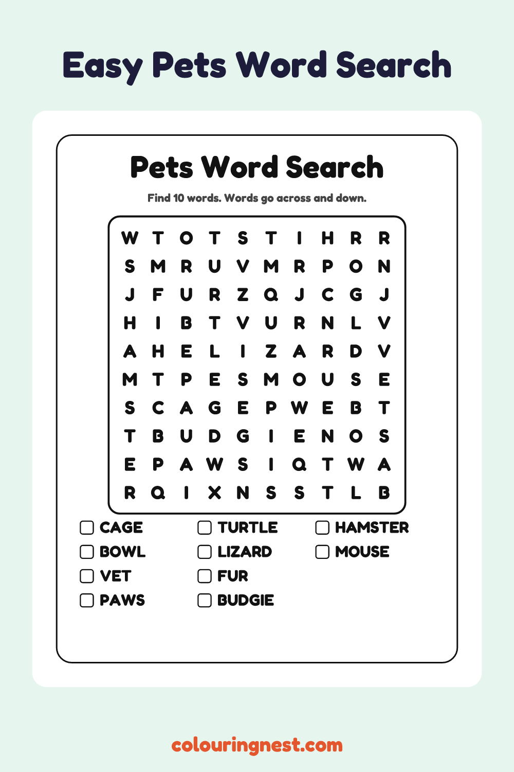 Pets Word Search (Easy): free printable black-and-white line art