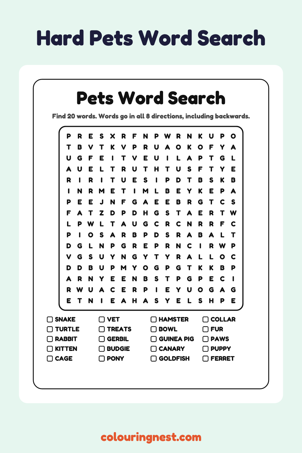 Pets Word Search (Hard): free printable black-and-white line art