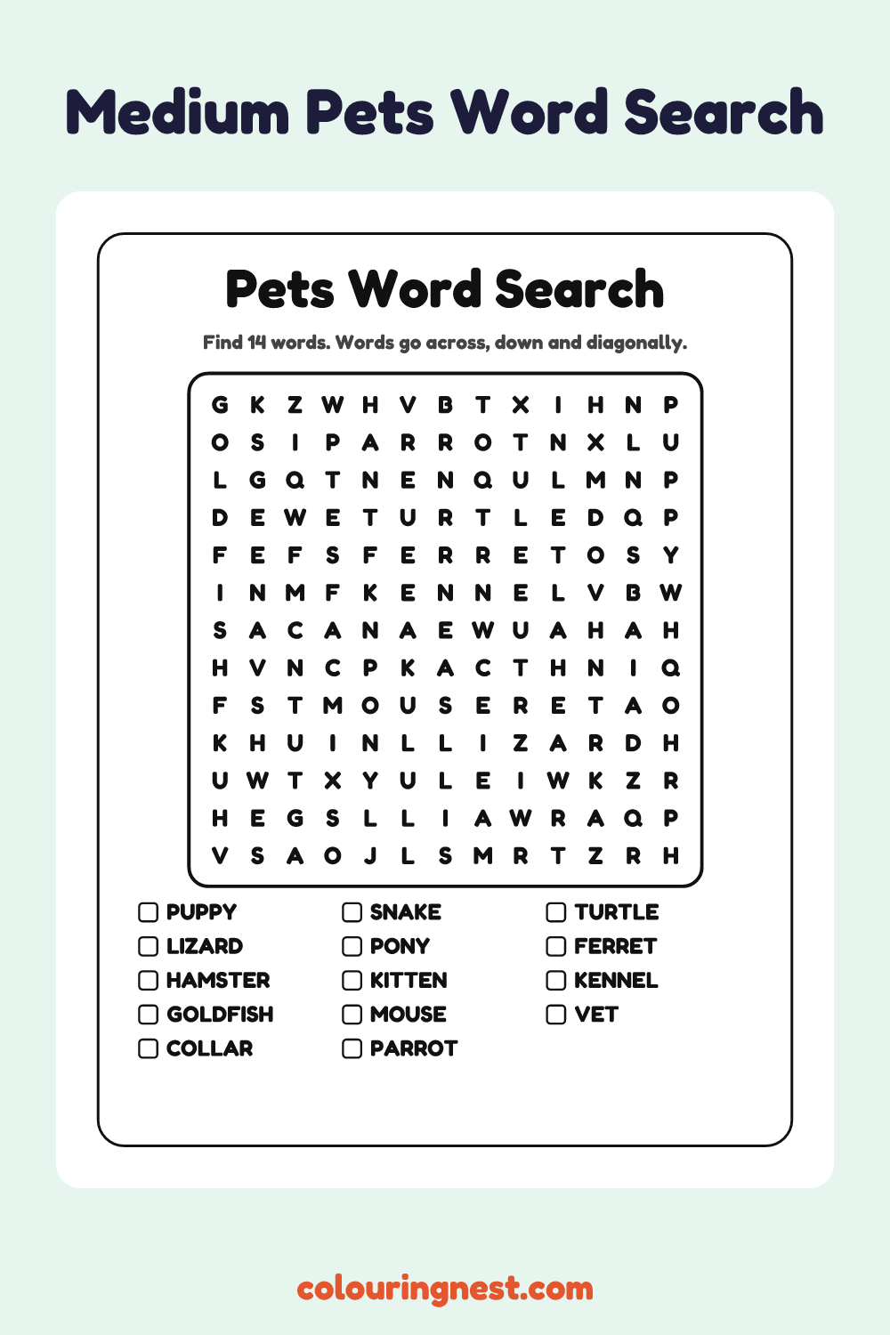 Pets Word Search (Medium): free printable black-and-white line art