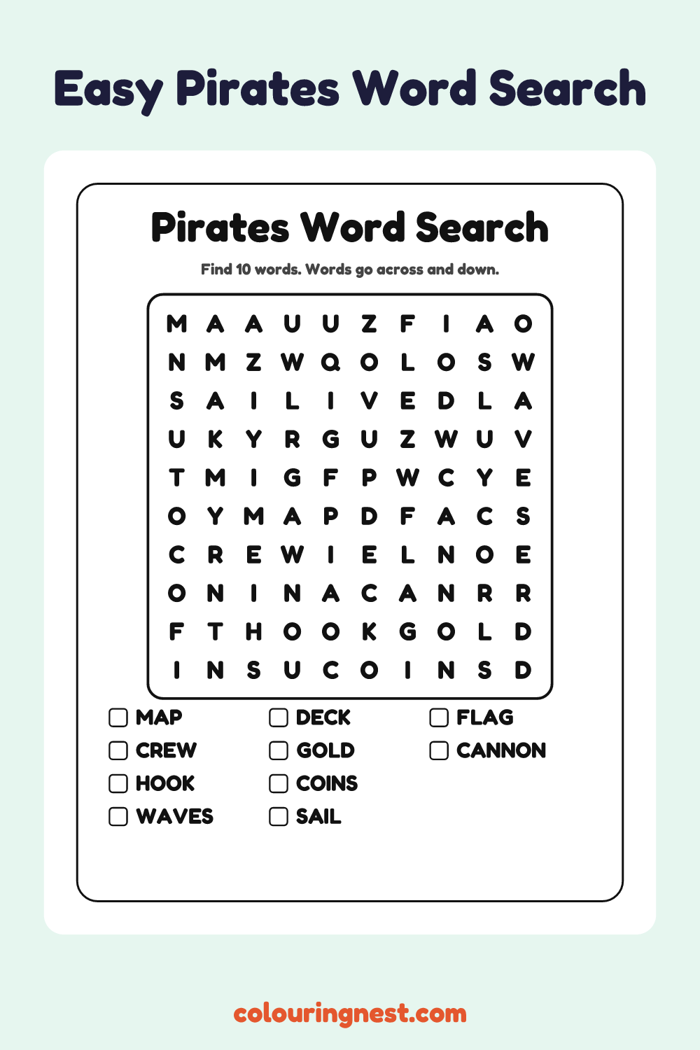 Pirates Word Search (Easy): free printable black-and-white line art