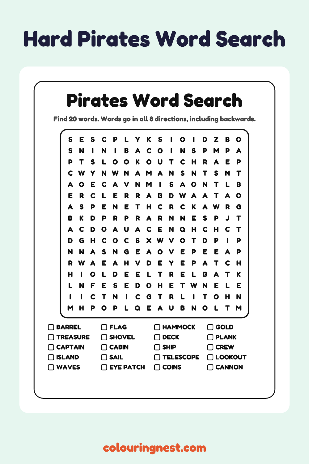 Pirates Word Search (Hard): free printable black-and-white line art