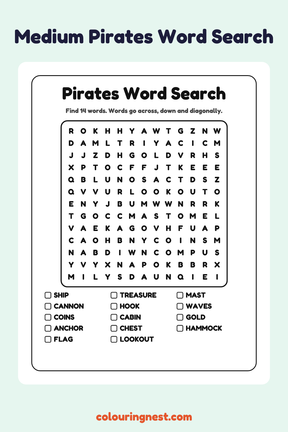 Pirates Word Search (Medium): free printable black-and-white line art