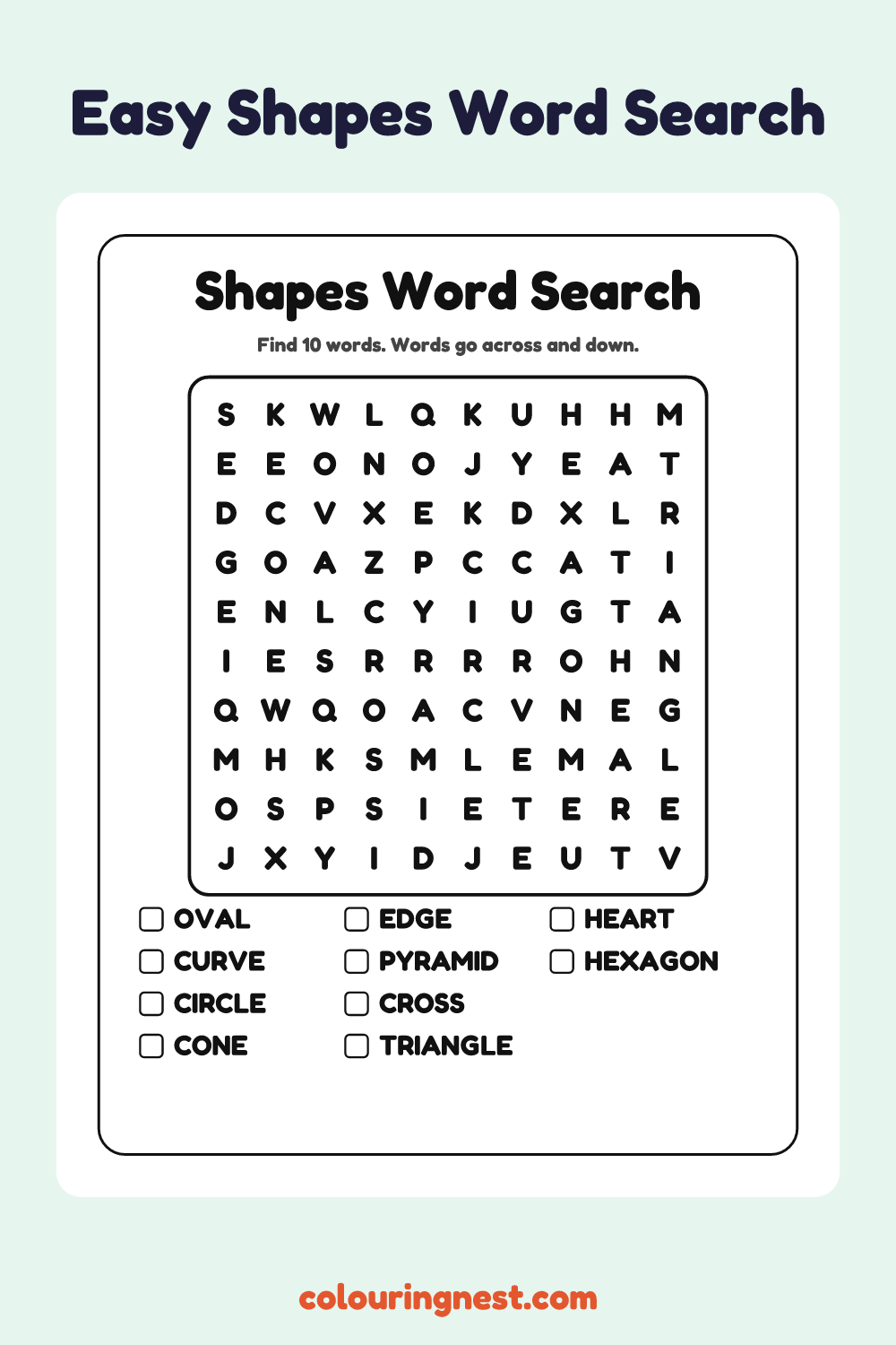 Shapes Word Search (Easy): free printable black-and-white line art