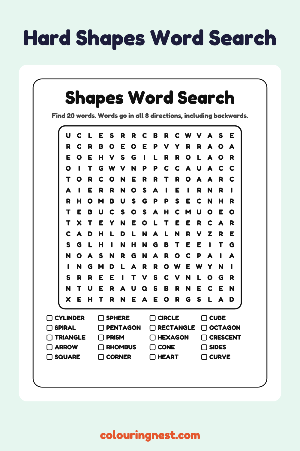 Shapes Word Search (Hard): free printable black-and-white line art