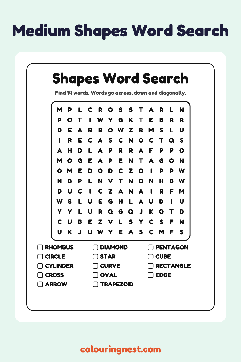Shapes Word Search (Medium): free printable black-and-white line art