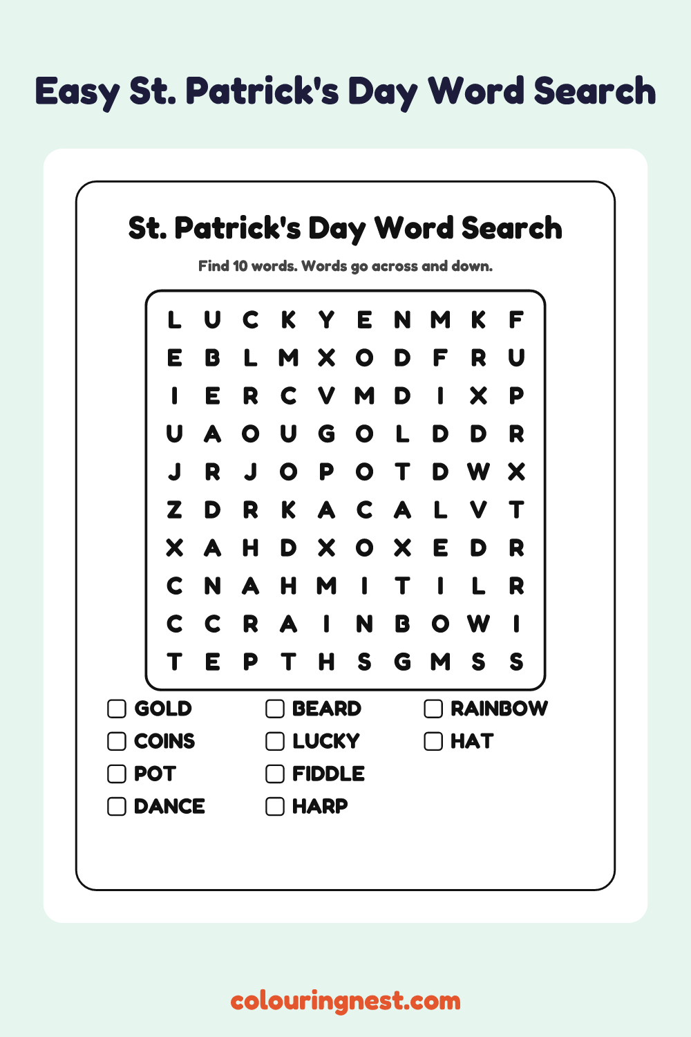 St. Patrick's Day Word Search (Easy): free printable black-and-white line art