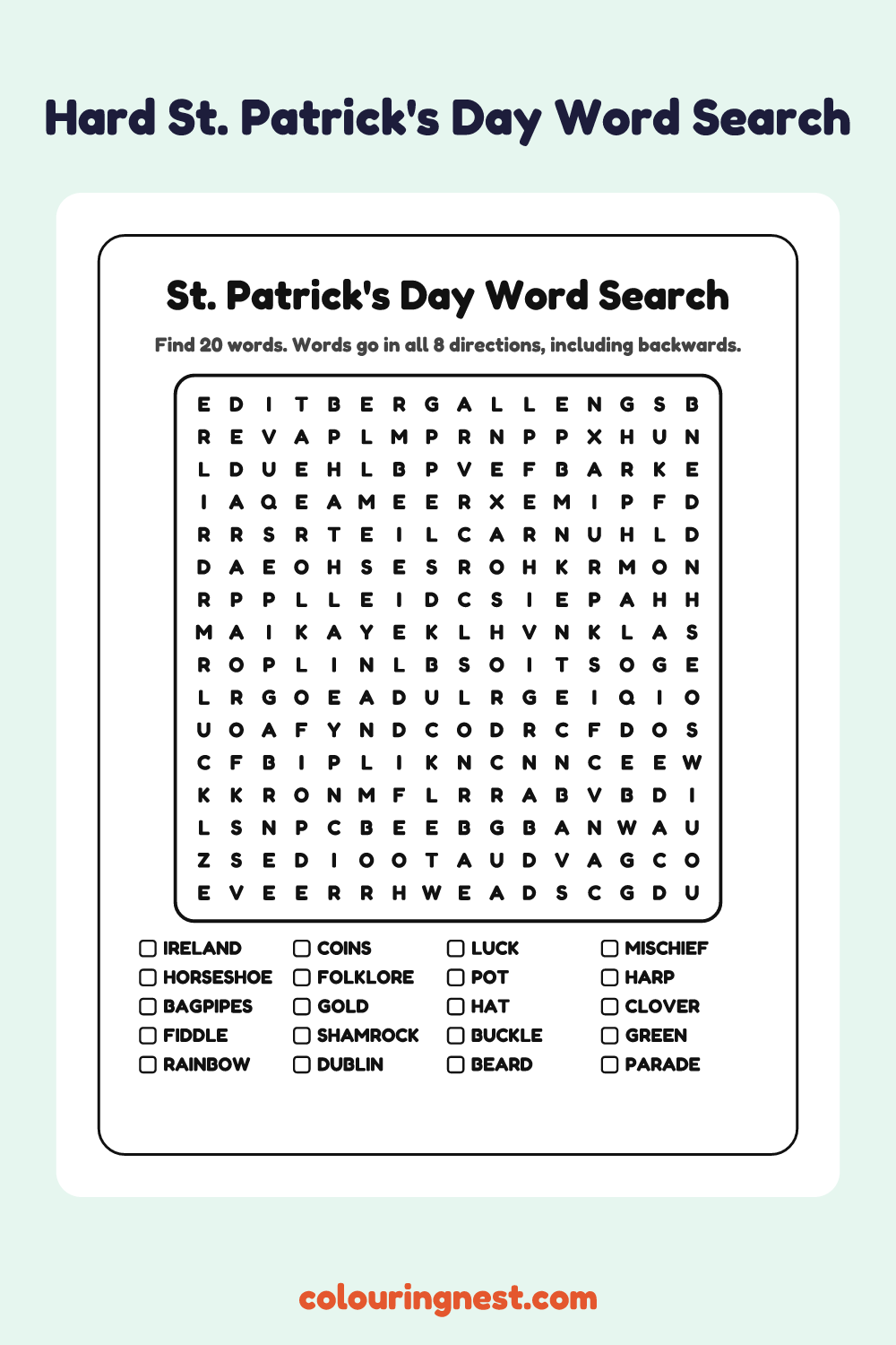 St. Patrick's Day Word Search (Hard): free printable black-and-white line art