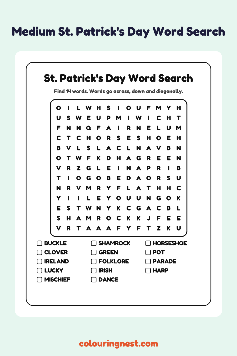 St. Patrick's Day Word Search (Medium): free printable black-and-white line art