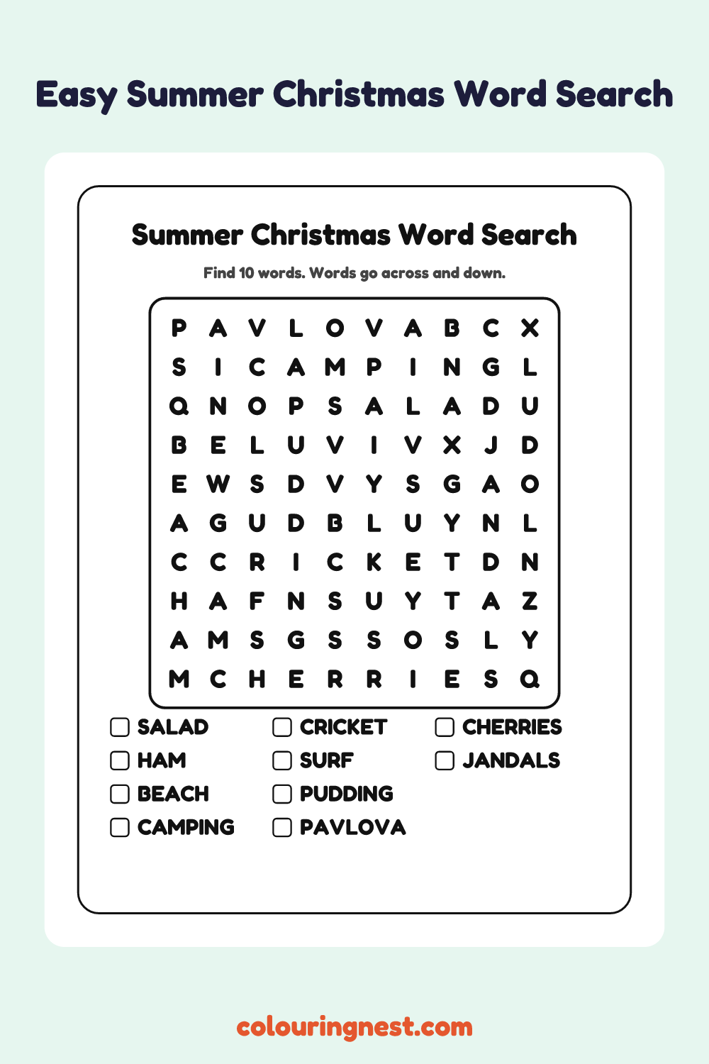 Summer Christmas Word Search (Easy): free printable black-and-white line art