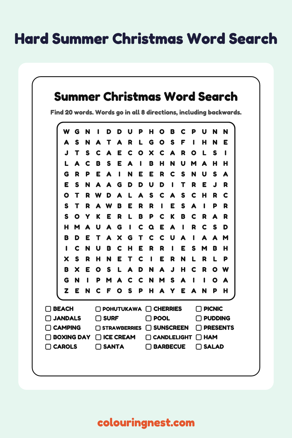 Summer Christmas Word Search (Hard): free printable black-and-white line art