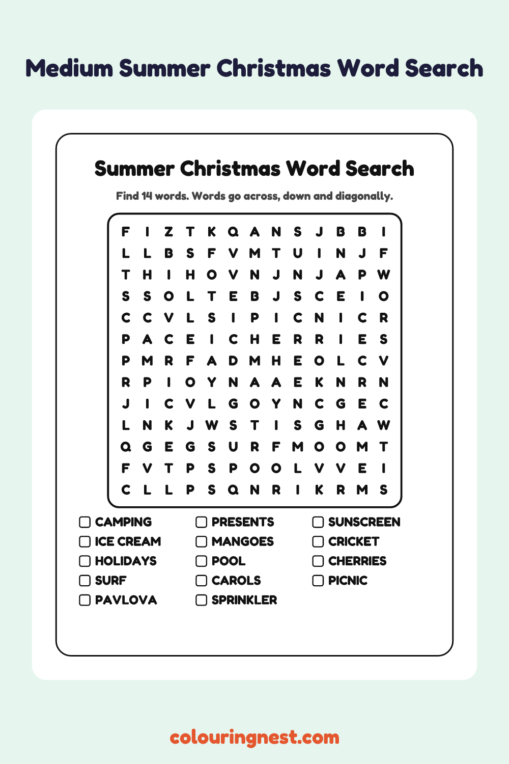 Summer Christmas Word Search (Medium): free printable black-and-white line art
