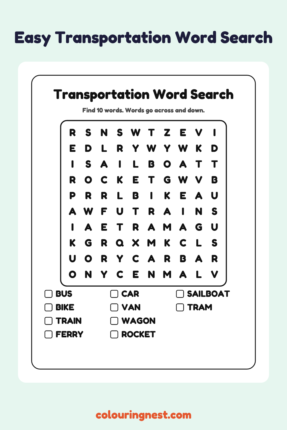 Transportation Word Search (Easy): free printable black-and-white line art