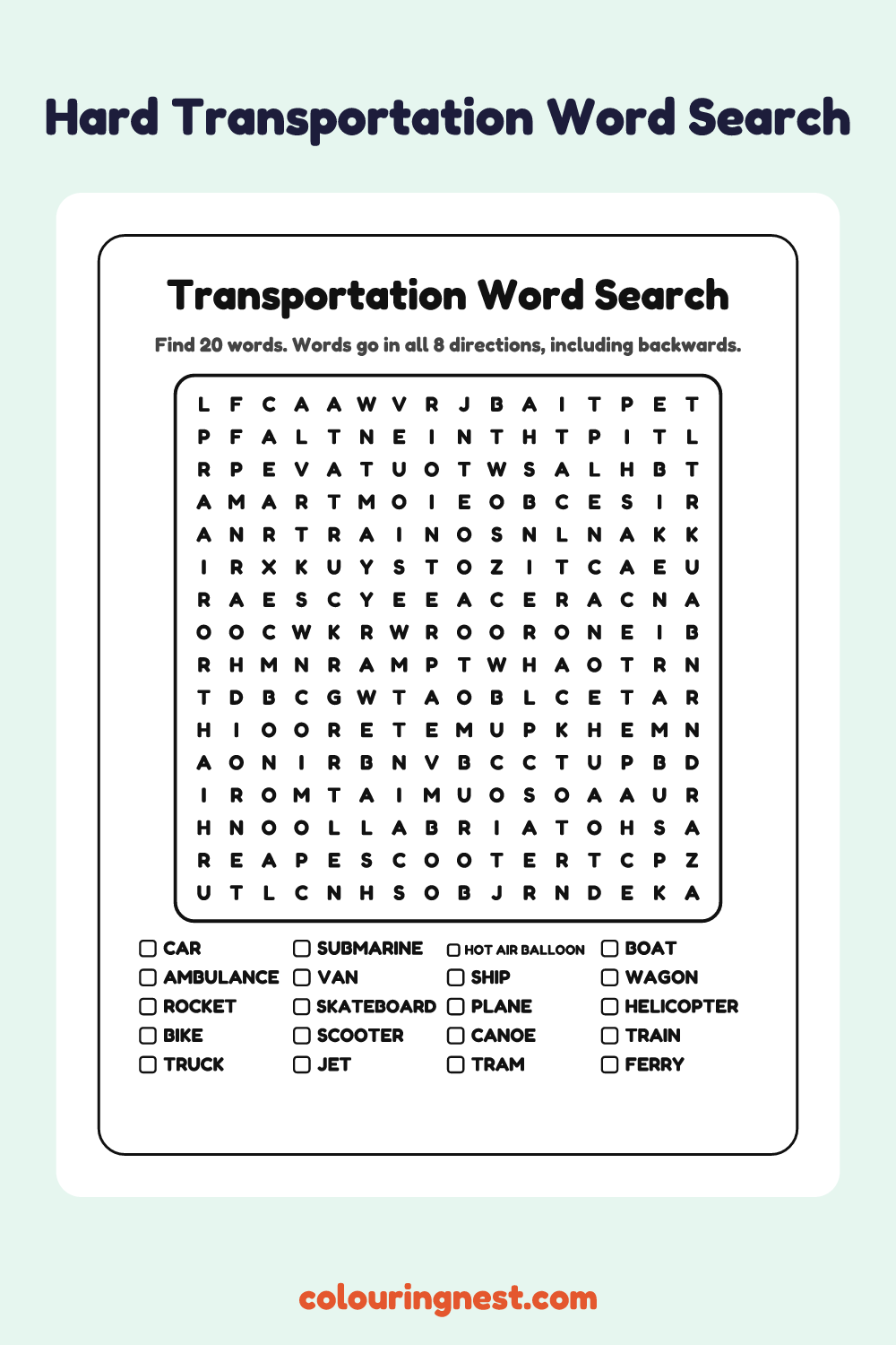 Transportation Word Search (Hard): free printable black-and-white line art