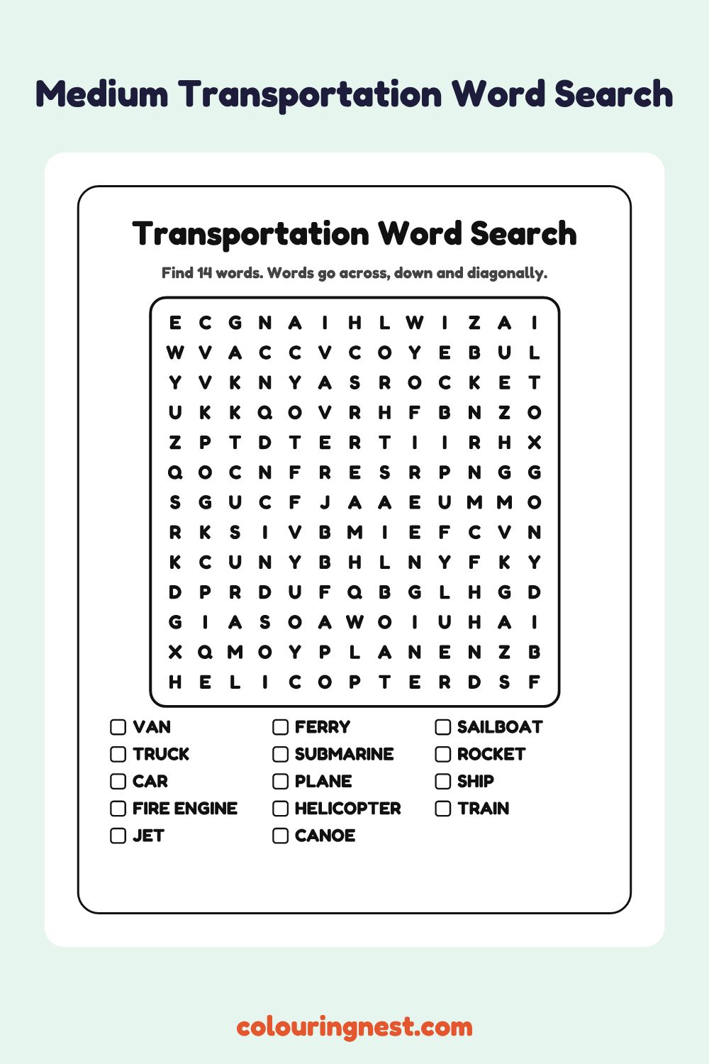 Transportation Word Search (Medium): free printable black-and-white line art