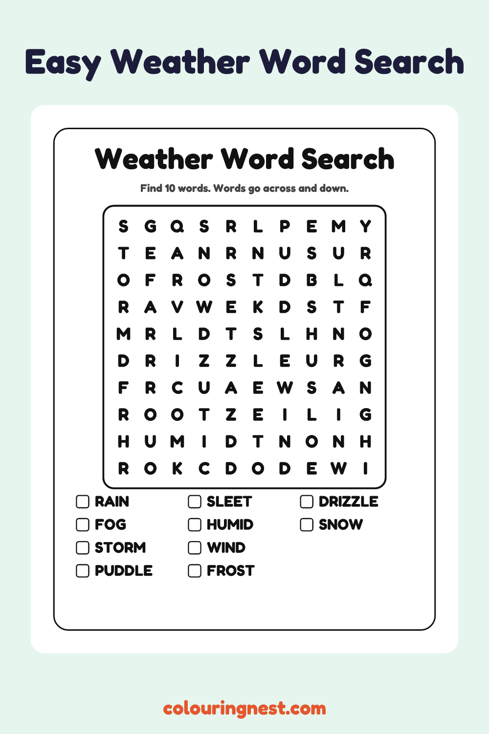Weather Word Search (Easy): free printable black-and-white line art