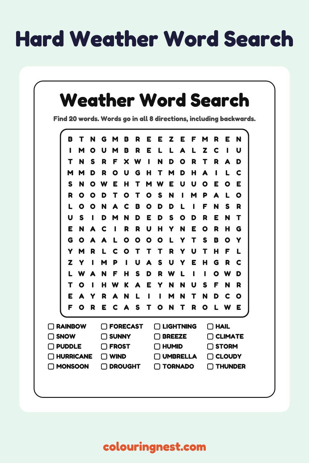 Weather Word Search (Hard): free printable black-and-white line art