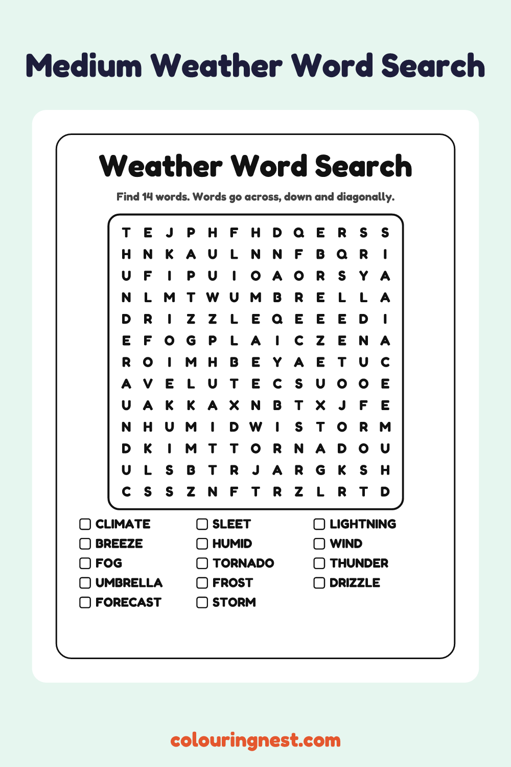 Weather Word Search (Medium): free printable black-and-white line art