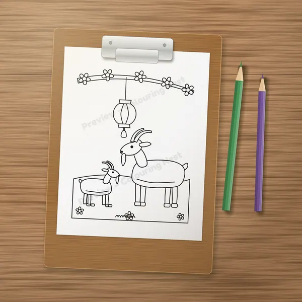 A printed page from the Lunar New Year Activity Pack on a clipboard, ready to color