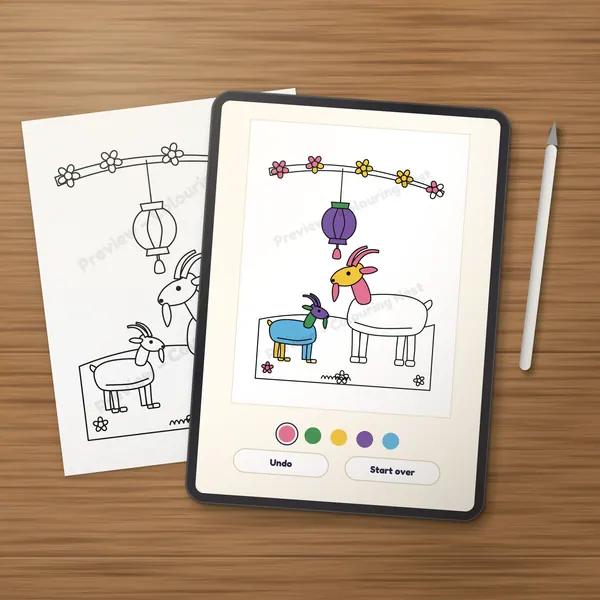 A page from the Lunar New Year Activity Pack being colored digitally on a tablet, next to a printed copy