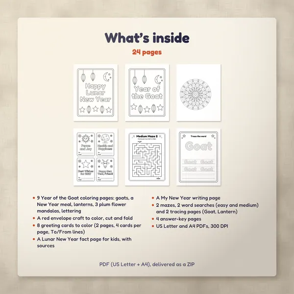 What’s inside the Lunar New Year Activity Pack: six of its pages and the contents list