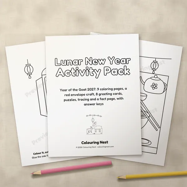 The Lunar New Year Activity Pack cover page and two inner pages, printed and fanned out on linen