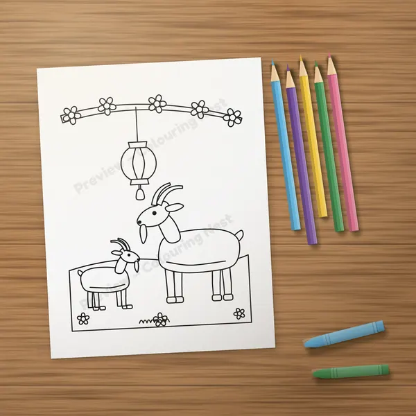 A printed page from the Lunar New Year Activity Pack on a wooden table with colored pencils and crayons