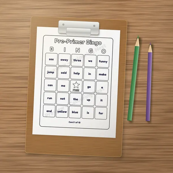 A printed page from the Sight Words Games Pack on a clipboard, ready to color