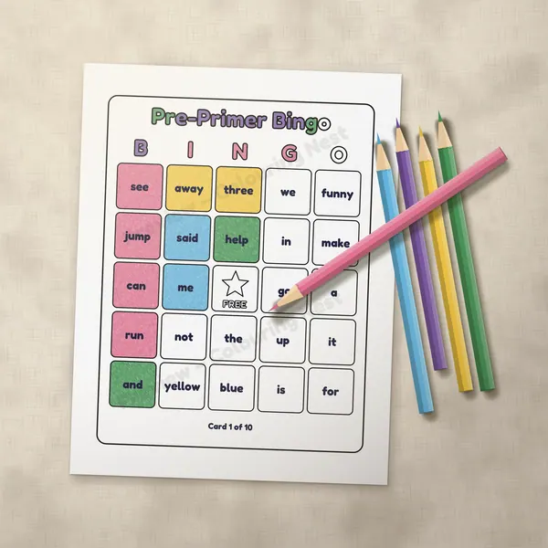 A page from the Sight Words Games Pack half colored in with colored pencils