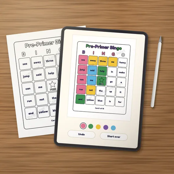 A page from the Sight Words Games Pack being colored digitally on a tablet, next to a printed copy