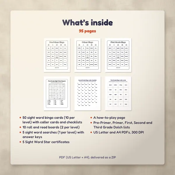 What’s inside the Sight Words Games Pack: six of its pages and the contents list