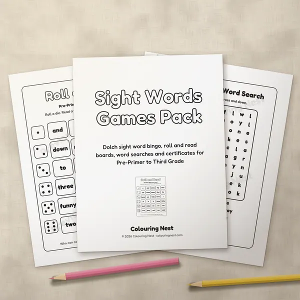 The Sight Words Games Pack cover page and two inner pages, printed and fanned out on linen